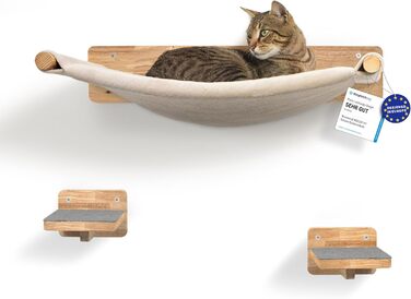 WOOWOOD® Стіна для котів із масиву дерева з 2 сходами, гамаком і когтеточкою – настінний комплекс для котів, меблі для лазіння, кріплення на стіну