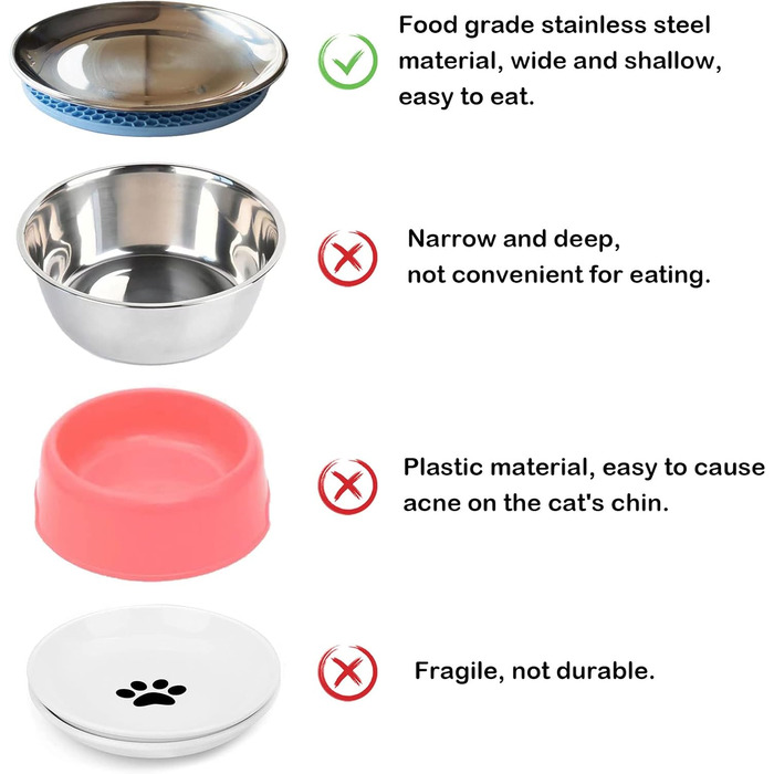 Миски для котів зі сталі (2 шт.) – для полегшення догляду за вусами, зменшення втоми, неслизький набір мисок для котячого корму (великі, 17 см)