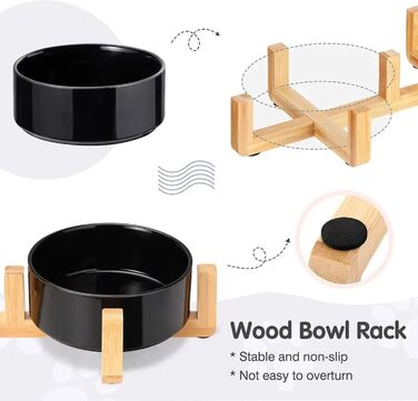 Керамічна миска для собак та котів з бамбуковою підставкою 2 шт. 600 мл (Чорний)