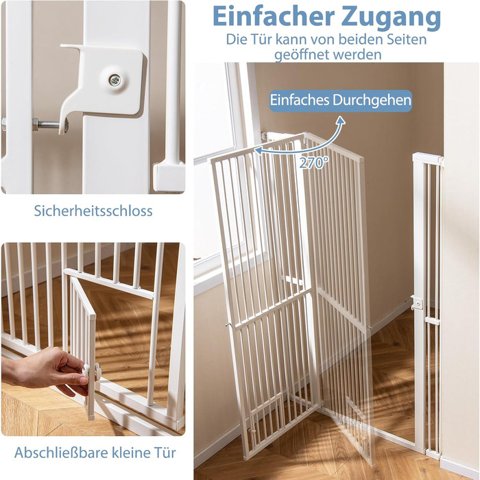 Захист для воріт COSTWAY для собак, високе перегороджувальне ґрат, 77-104 см x 150 см, захист з маленькими дверима, 2 розширення, ґрат без свердління, висувний ґрат для собак, металевий захисний ґрат, білий