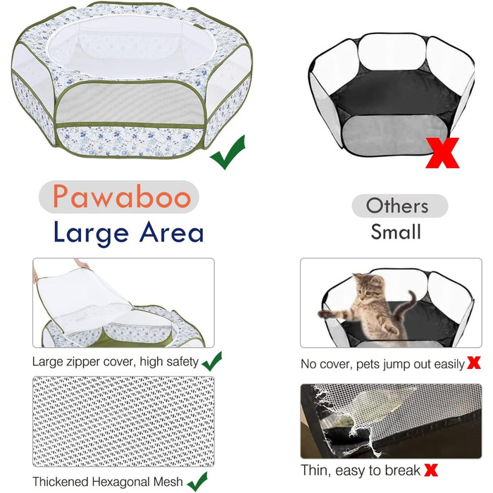 Pawaboo: Фрейгехеге для дрібних тварин, водовідштовхуваний, складаний, для кроликів, курей, кошенят, цуценят, кроликів, хом'яків. Візуальний вольєр з сіткою, блискавкою та нейлоновим дном (Синій + Білий квітковий принт)