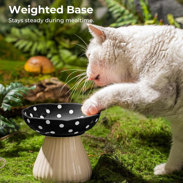 Підвищений годівниця для котів, керамічна миска у формі гриба, широка та плоска годівниця для котів зі стійкою, миска проти блювоти для котів, миска для кошенят та літніх котів (чорна)