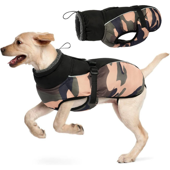 Водонепроникний зимовий теплий одяг для собак - куртка для маленьких, середніх та великих собак. Теплий одяг для собак з безпечними світловідбиваючими смугами для Лабрадорів, Чихуахуа, Французьких бульдогів. Зелений камуфляж