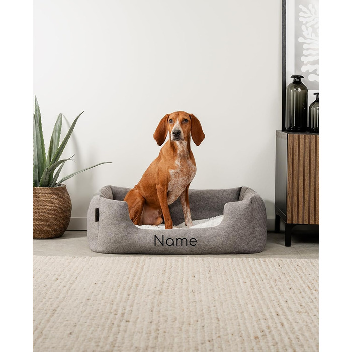 Клітинка для собак Lionto з м'яким двостороннім подушкою, затишне ліжко для домашніх тварин з меланжевим дизайном з глибоким входом для собак та котів усіх розмірів, 80x60 см, м'яке ліжко для собак, сірий (з нанесенням імені), сірий L 80 x W 60 x H 26 см 