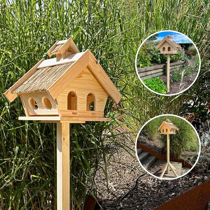Дерев'яний годівничка для птахів GARTENETAGE з солом'яним дахом і стійкою 2в1, міцна та стійка, для балкона і саду, вулична годівничка для птахів