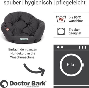 Ортопедичне кругле ліжко для великих собак Doctor Bark з м'яким бортиком, двосторонньою подушкою та іграшкою, сіра, розмір L 60x50 см, пране до 95°C, Німеччина