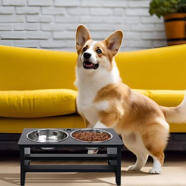 Підвищені годівниці для собак HTB, бамбук, з 2 мисками з нержавіючої сталі, 44x24x18 см, 18 см висота, чорний колір