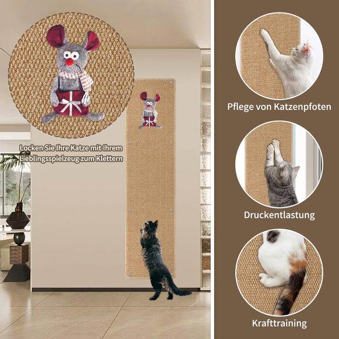 Килимок для дряпання котів FHTONGE 71x15.8 см, сизаль, для кріплення на стіну, сірий