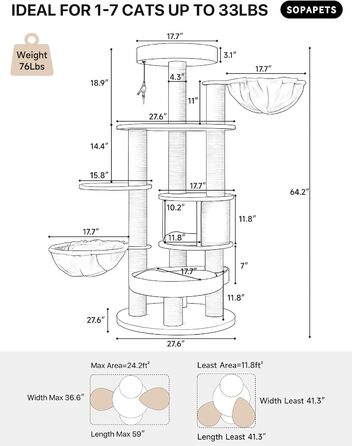Великий котячий будиночок з дряпалкою для Мейн-куна, 165 см, котячий будиночок для кішок, дорослих, 9 кг, XXL, міцний, розкішний з великою гамаком, дряпка з сизалю, бежевий, 165 см