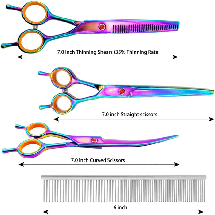 Професійний набір ножиць для грумінгу собак: вигнуті, прямі та розріджуючі ножиці + гребінець (чорний+жовтий)