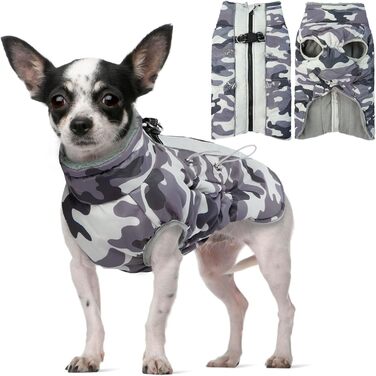 Водонепроникний теплий зимовий одяг для собак - куртка з отвором для шлейки, з відбиваючими смугами, для малих, середніх та великих собак, колір: сірий камуфляж, розмір: S