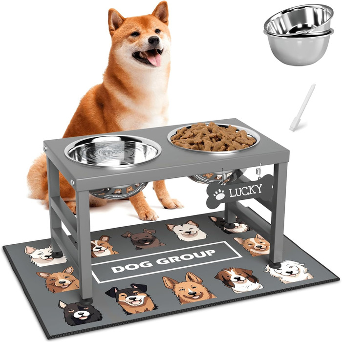 Підвищена годівниця для собак великих та екстра-великих порід, з підставкою та двома мисками з нержавіючої сталі (2,863 г), з нековзною основою, висота 43 см, висота мисок 25 см, сіра, L