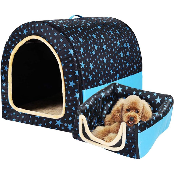 Кішечка/Собачка лежанка знімний килимок, 2-в-1, переносна, складана, хатинка для тварин, XL, чорний з блакитним зірка