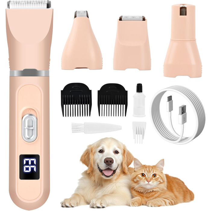 Набір для стрижки собак та котів 4-в-1: стрижка, триммінг, шліфування кігтів. Безшумна машинка для грумінгу домашніх тварин. Білий/Рожевий