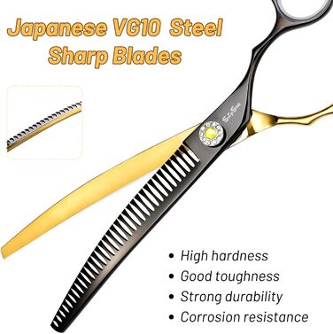 Професійна вигнута ножиці для грумінгу домашніх тварин 7.5 дюймів (25 градусів), 35 зубів, розрідження 65%, Gold High-End