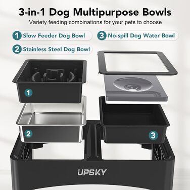 UPSKY 3-в-1 підняті миски для собак, регульована підставка, сповільнювач годування, нержавіюча сталь, проти розливу, для малих, середніх і великих порід