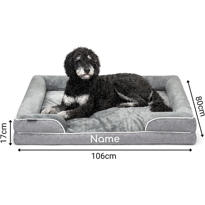 Ортопедичне ліжко для собак Lionto з піднятим бортиком, 89x63x17 см, міцне лежання з м'якого фланелі, знімний та пральний чохол, неслизьке, для маленьких та великих собак та котів, сіре (з нанесенням імені)