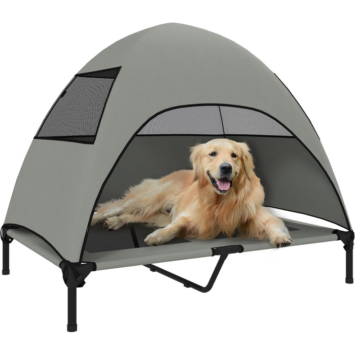 Лежанка для собак PawHut Outdoor з дахом, підняте ліжко для середніх собак, прохолодне місце для тварин з миючим каркасом з сітки та сталі, переносна сумка, ліжко для собак на вулицю, кемпінг, 76x61x71cm, (L 106 x B 76 x H 99 cm, світло-сірий)