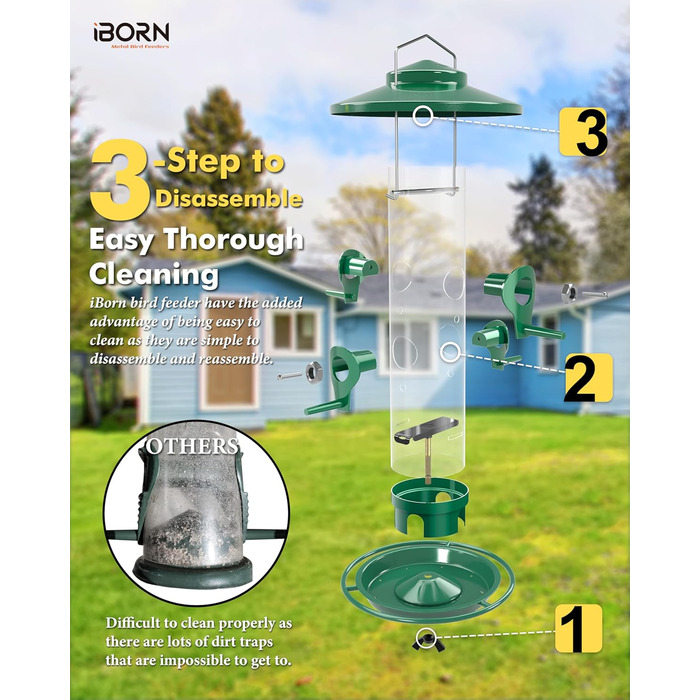 Годівниця для птахів iBorn на відкритий простір – годівниця для птахів з металу, місткість 900г, 4 отвори для годування, чорний/зелений колір