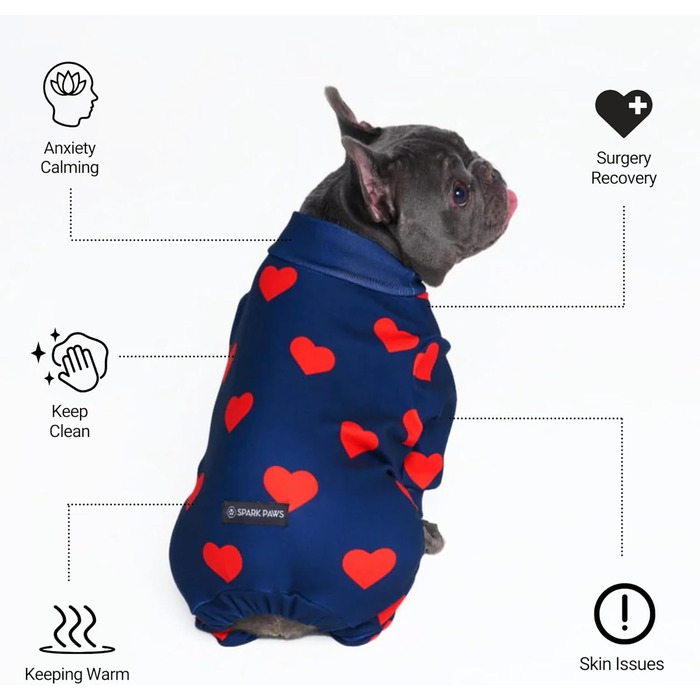 Піжама для собак Spark Paws з м'якого 4-стороннього матеріалу, для відновлення після операції, Onesie для маленьких, середніх та великих собак - серця - S (2-5 кг)