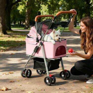 Дитяча коляска для домашніх тварин Simcat: для собак та котів, складна, з колесами на 360°, рожева