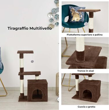 Baroni Home Когтеточка для котів, двоярусна, з іграшкою і домиком, 45x30x78 см, коричнева