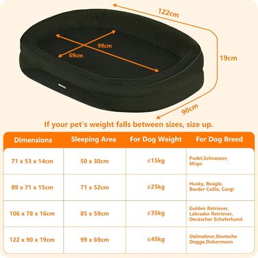 Ортопедичне ліжко для собак, ліжко-софа з валиком для шиї, кошик для собак з антиковзною основою, знімне та пральне, для великих собак, 122 x 90 x 19 см, оливковий колір