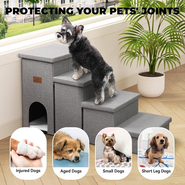 Сходинки для собак, 58,4 см, 4 сходинки, широкі, для високих ліжок/вікон, складані, сірі. Підходить для маленьких, середніх та великих собак та котів. Розміри: 109,2 x 43,2 x 58,2 см