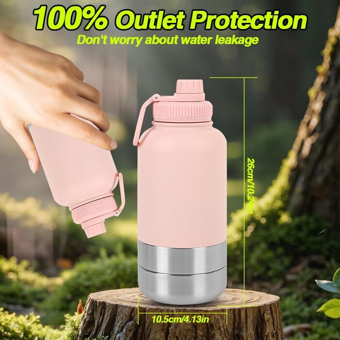 Водяна пляшка для собак на прогулянці, 950 мл, з мискою, ізольована, нержавіюча сталь, термопляшка для собак, рожева