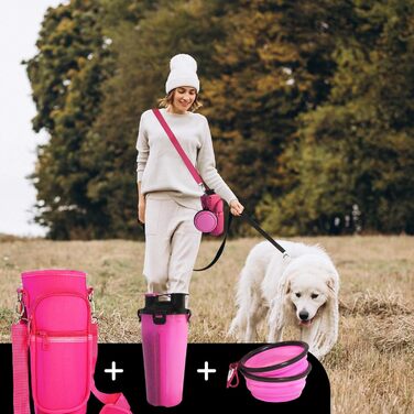 Транспортування фляга для води для собак, включаючи неопренову обгортку, миска для собак, ударостійка та стійка до подряпин, рожева