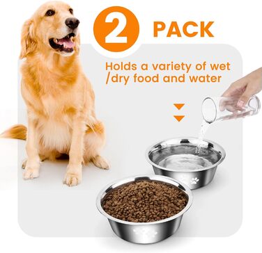 PETTOM Миски для собак з нержавіючої сталі, 2 шт. (3120 мл), миски для корму для собак великих, середніх та маленьких порід, миски для води для собак, антиковзкий силіконовий низ, розмір M - 21 см, сріблясті