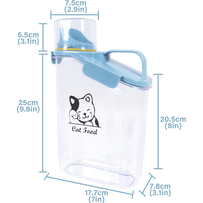 Контейнер для котячого корму 2.8L: герметичний, з мірним стаканчиком та ручкою. Підходить для собак та котів, BPA-free, прозорий.