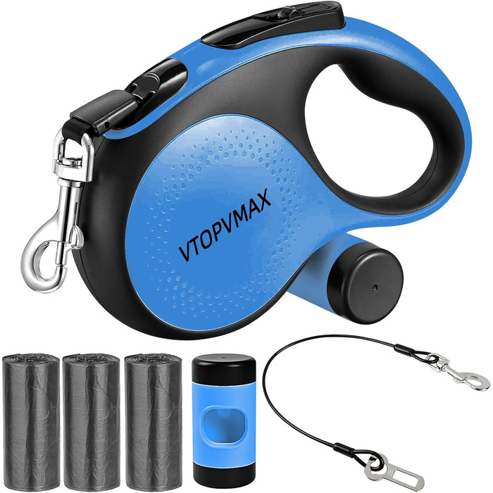 Висувна поводок для собак VTOPVMAX - для середніх та великих собак до 50 кг | Міцний поводок з безпечним кабелем, дозатор для відходів та гальмо однією рукою (Білий) Білий (8 м, Синій)