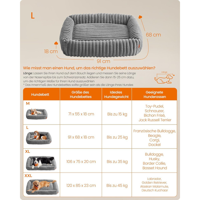 Feandrea Крісло-ліжко для собак, велике ортопедичне, знімний чохол, м'яка підстилка, 91 x 68 x 18 см, сірий (PGW312GD01 L)