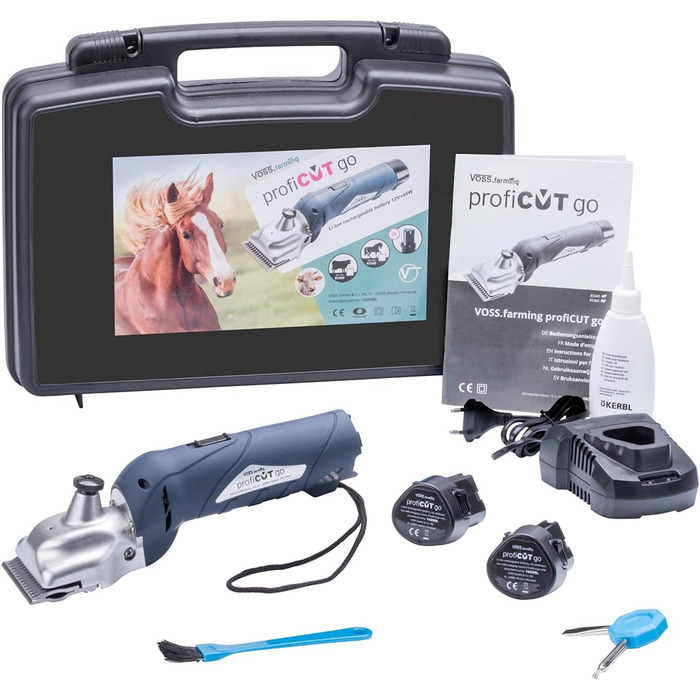 VOSS.farming profiCUT go: акумуляторна машинка для стрижки коней, 2 батареї, тиха, з лезами Aesculap, блакитна