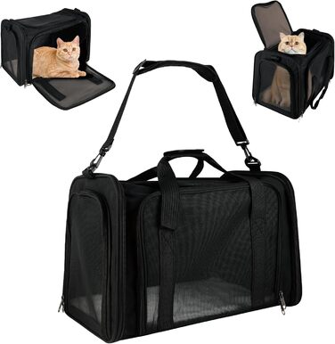 Транспортна сумка для тварин: складана переноска для кота та собаки, легка переноска з плечовим ременем, дихаюча переноска для подорожей та авто (чорна)