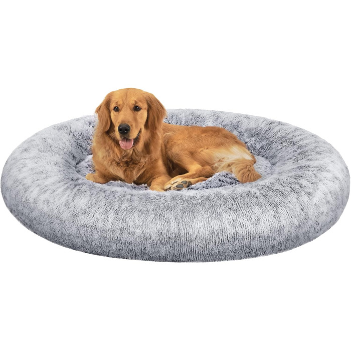 Кругле ліжко для собак та котів Feandrea з м'яким плюшем, діаметр 120 см, світло-сірий колір, знімний наповнювач, PGW043G01
