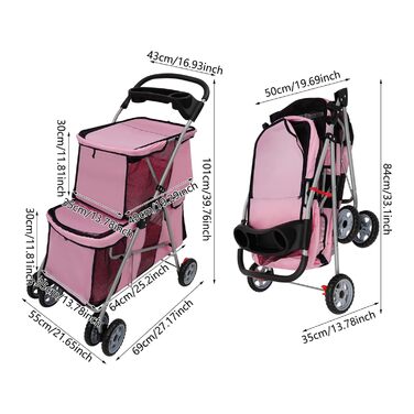 Двоярусний візок для домашніх тварин для маленьких та середніх собак та котів - Легкий транспортний візок-бугі для собак з 2 рівнями для прогулянок, подорожей та активного відпочинку на природі, до 20 кг (Рожевий)