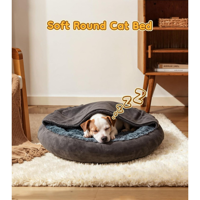 Кругла лежанка для собак та котів з капюшоном, розмір M, сіра, 60 x 60 x 19 см, м'яка, з антиковзною основою, самонагріваюча, для заспокоєння, миється