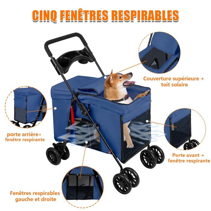 Дитяча коляска для тварин Homewell, складана, з сіткою, ременями та тримачем для напоїв, до 20 кг (блакитна)