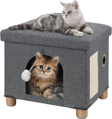 Складане котяче ліжко BRIAN & DANY для дому, великий куб-будиночок для котів із кігтеточкою та м'ячиком, 45x37,6x38,1 см, сірий