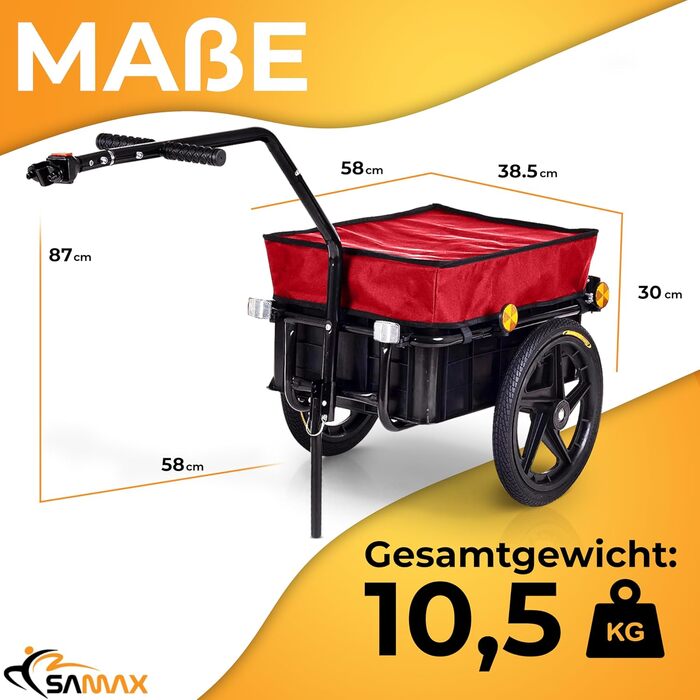Причіп для велосипеда SAMAX 90 літрів, 80 кг, з кулею, захисною плівкою та з'єднувальною шкірою - причіп для велосипеда, вантажний візок з пластиковою ванною, чорний. Mountain (70л / 60кг, червоний)