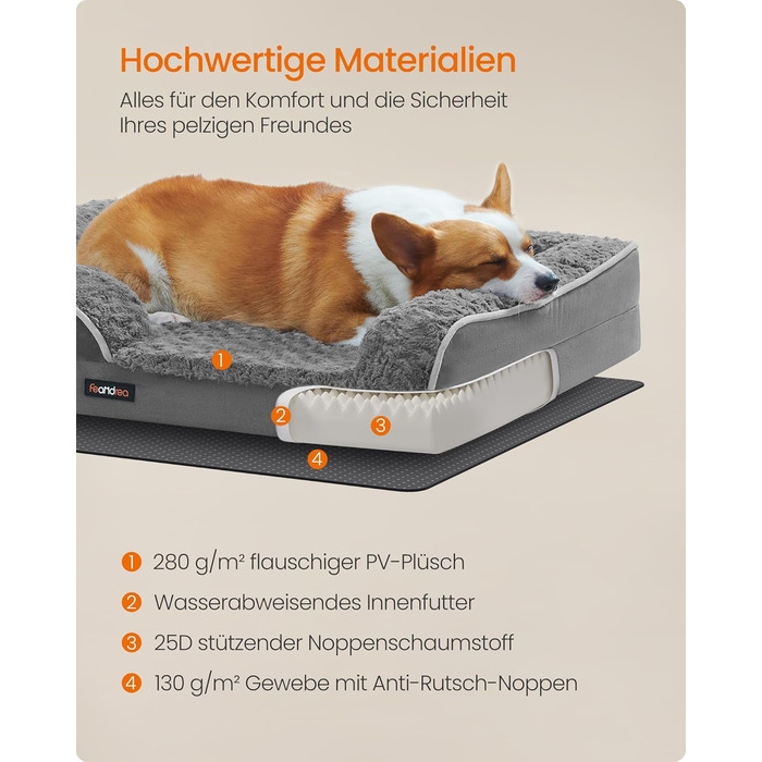 Ортопедичне ліжко для собак Feandrea середнього розміру, вологостійке, знімний плюшевий чохол, 91 x 68 x 16 см, сірий PGW252G02 L