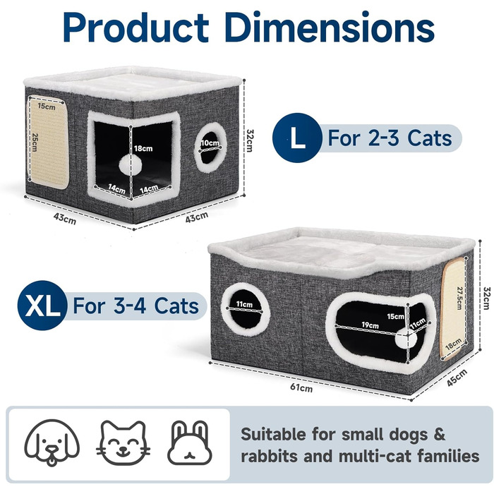 Шика Будинок-печеринка для котів, великий закритий будиночок для котів, 61T*45B*32H см, двоярусний куб для котів, XXL печеринка для котів з когтеточкою та іграшкою, будиночок-печеринка для маленьких та середніх тварин, великий, сірий