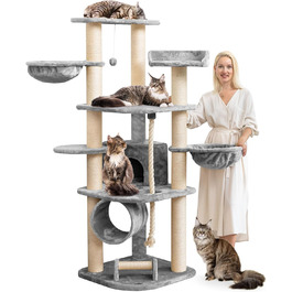 Великий стійкий котячий комплекс HAPPYPET Parker 171 см, сірий – кішкам: ігровий тунель, будиночок, лежанки, стовпи 11 см, XXL кігтеточка, дряпка, килимок для котів