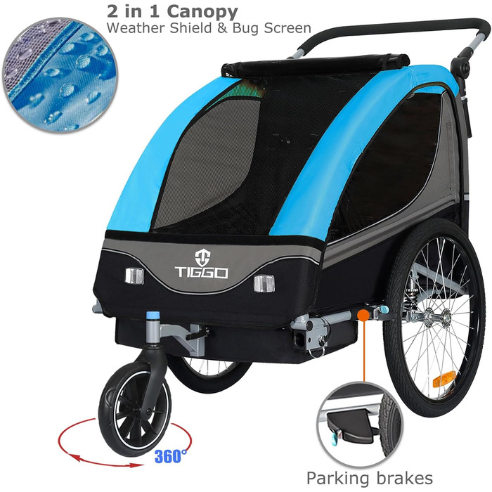 Причіп для дитячої коляски Tiggo S2 з підвіскою, 2-в-1, для бігу та велосипеда, причіп-трансформер, поворот на 360°, блакитний