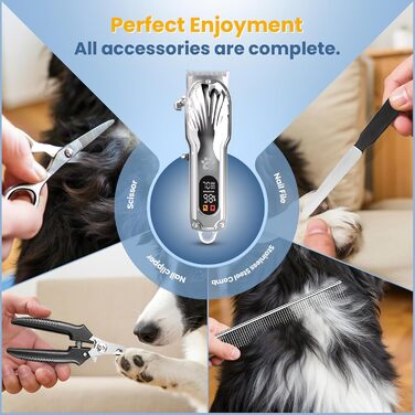 Професійна машинка для стрижки собак з товстим хутром, бездротова з LED-дисплеєм, тиха, акумуляторна, триммер для собак з набором для догляду за кігтями (срібна)