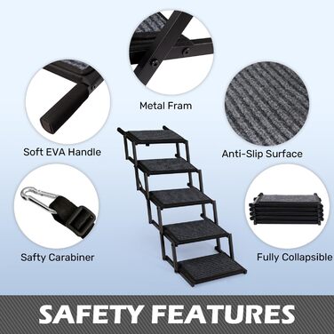 Сходинка для собак у машину, складна, до 113 кг - 5 сходинок, антиковзка, сіра (метал/тканина)