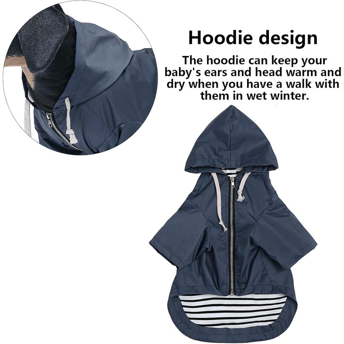 MOREZI Водонепроникний дощовик для собак з захистом лап та міцною капюшоном - Легкий, для малих/середніх порід - Застібка-блискавка, регульований шнурок, синій, S (Обхват грудей: 43-48 см), колір 'Глибокий синій'