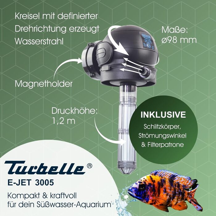 Проточний насос TUNZE Turbelle e-Jet 3005, 3150 л/год, з магнітним тримачем і фільтрацією для прісноводного акваріума, скло до 15 мм